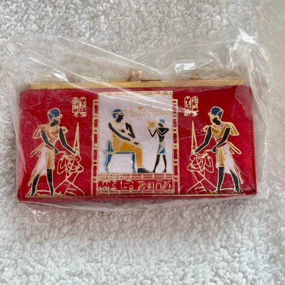 Vntg Egyptian Camel Leather Pharaoh Art Clutch Red & Gold Kiss Lock Rare… - Picture 3 of 7